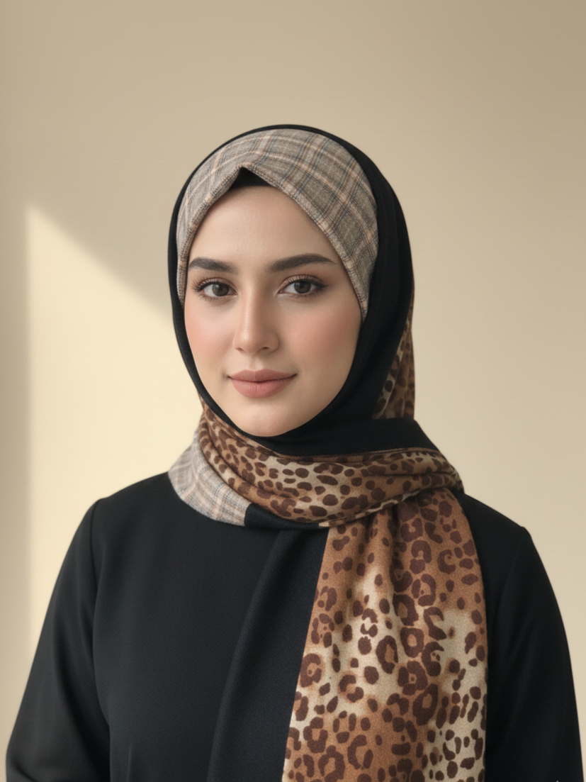 Leopard & Plaid Print Fusion Hijab