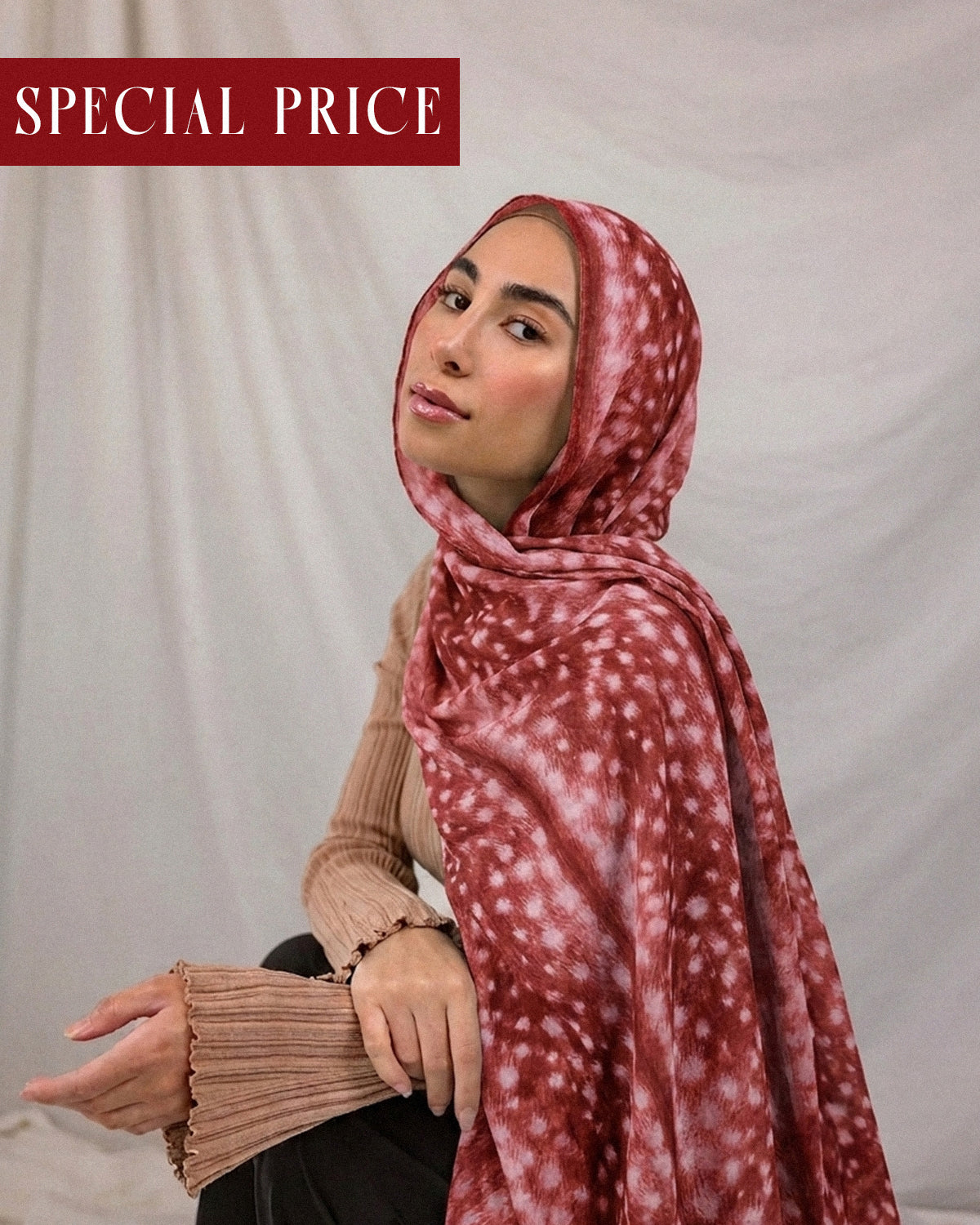 Fawn Deer Print Hijab (Maroonish Red) //. Premium Summer Scarves